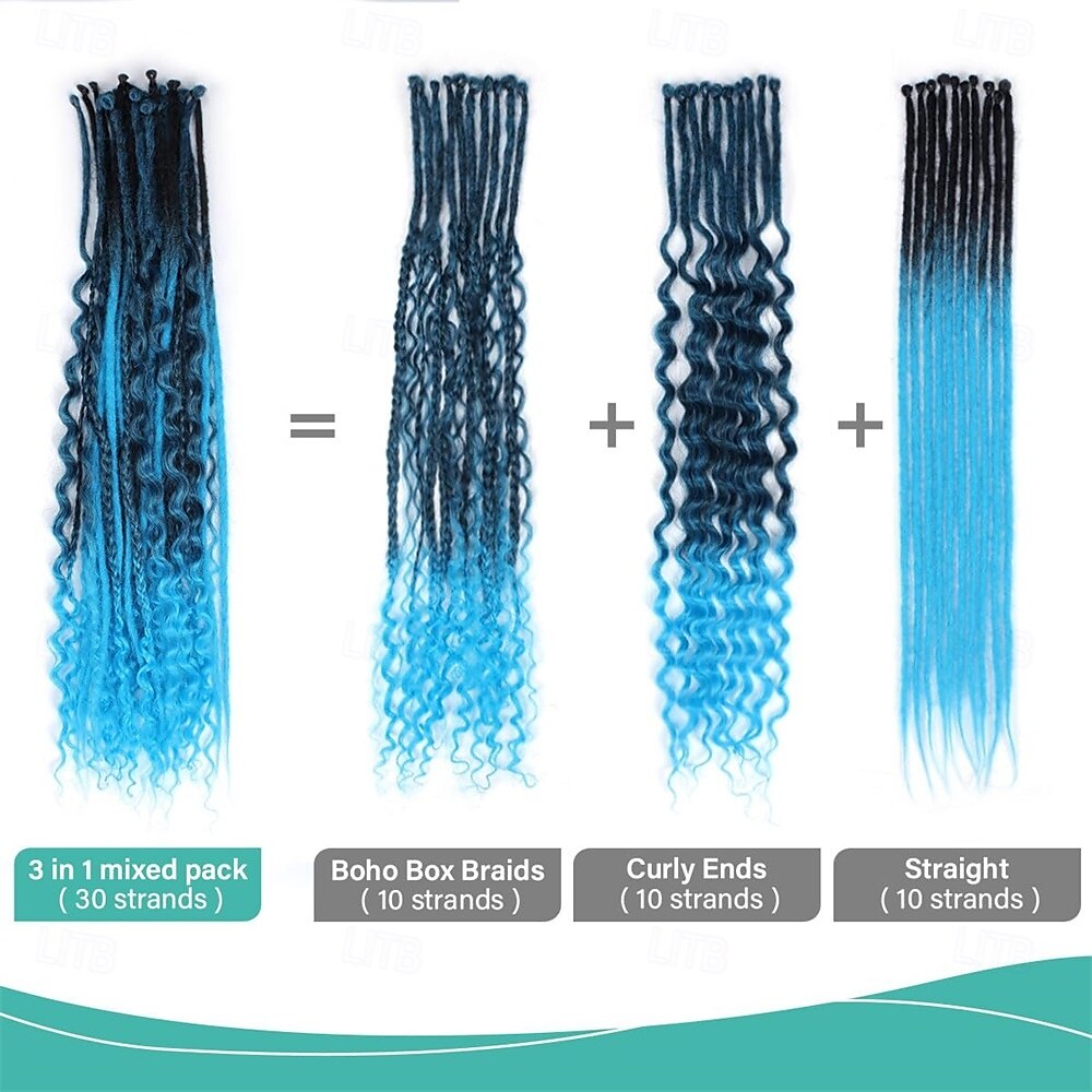 24 Inch 3 In 1 Dreadlock Extensions Sets 30 Strands Mixed Ombre Blue Synthetic SE Dreads Extensions 100% Handmade Soft Single Ended Curly Boho Wavy Dreads for Girls 2025 - $58.99 –P2