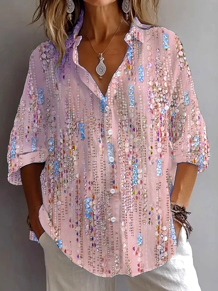Dame Skjorte Bluse Grafisk Abstrakt Bohem Daglig Stilfull Langermet Skjortekrage Vanlige topper Daglig Ferie Ut på byen Knapper Lysegrønn Rosa Lys Lilla Lyseblå Sommer Vår 2025 - $32.99 –P4