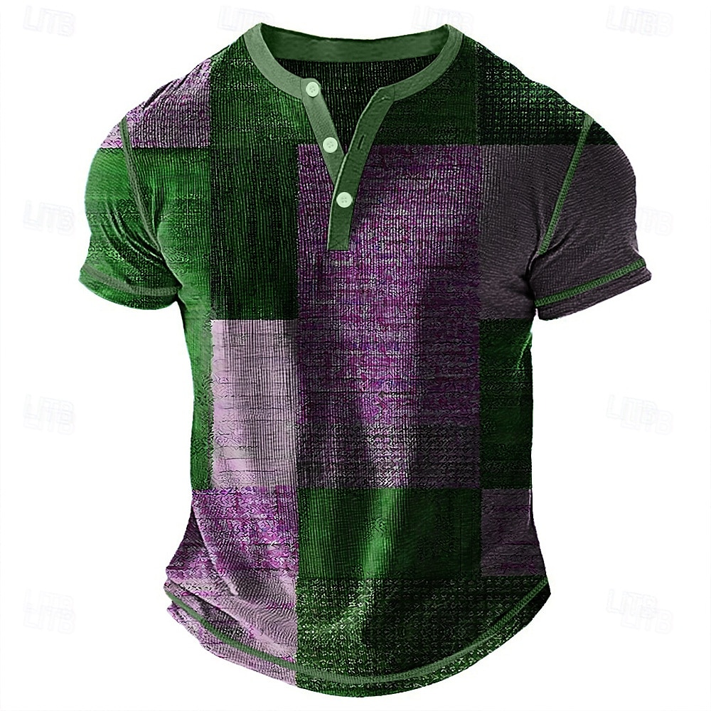 Herre Geometrisk Lapper Henly-skjorte Vaffel T-skjorte Kortermet Daglig Retro / vintage Klassisk Sport & Utendørs Avslappet Ferie Vår sommer Blå Grønn Lilla Brun Grå Henley Henley T-skjorte 2025 - $22.99 –P4