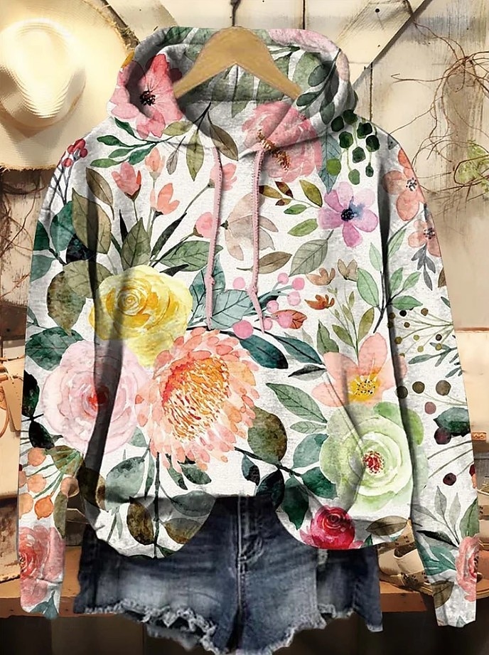 Women's Pullover Hoodie Sweatshirt Floral Graphic Elegant Warm Active Long Sleeve Hooded Regular Tops Street Dailywear Casual Print White Pink Purple Green Khaki Spring Fall Winter 2025 - $24.99 –P8