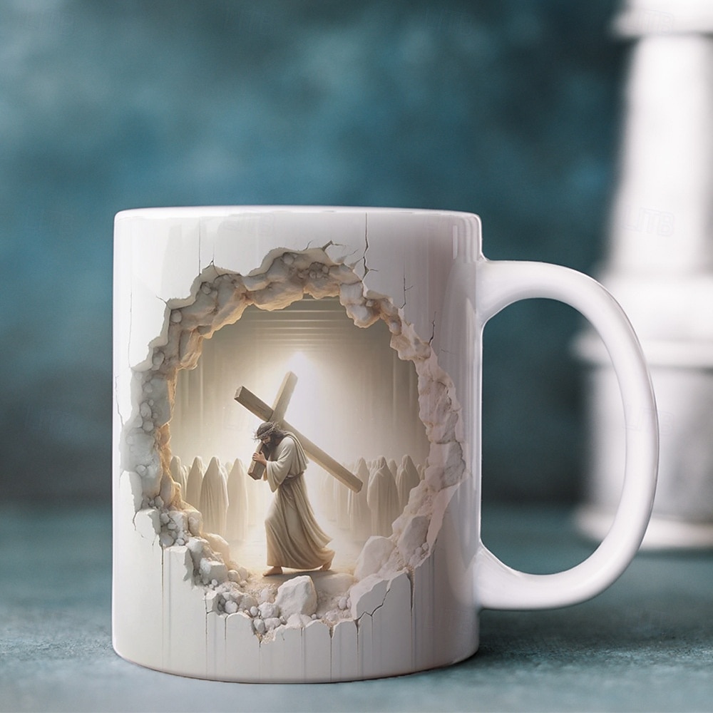 Jezus 3D ceramiczny kubek do kawy 330 ml/12 uncji, chrześcijański kubek prezentowy z krzyżem niosącym ucznia, religijny biały ceramiczny kubek do modlitwy, kościoła, wielkanocy, wiary wystrój domu 2025 - $15.49 –P4