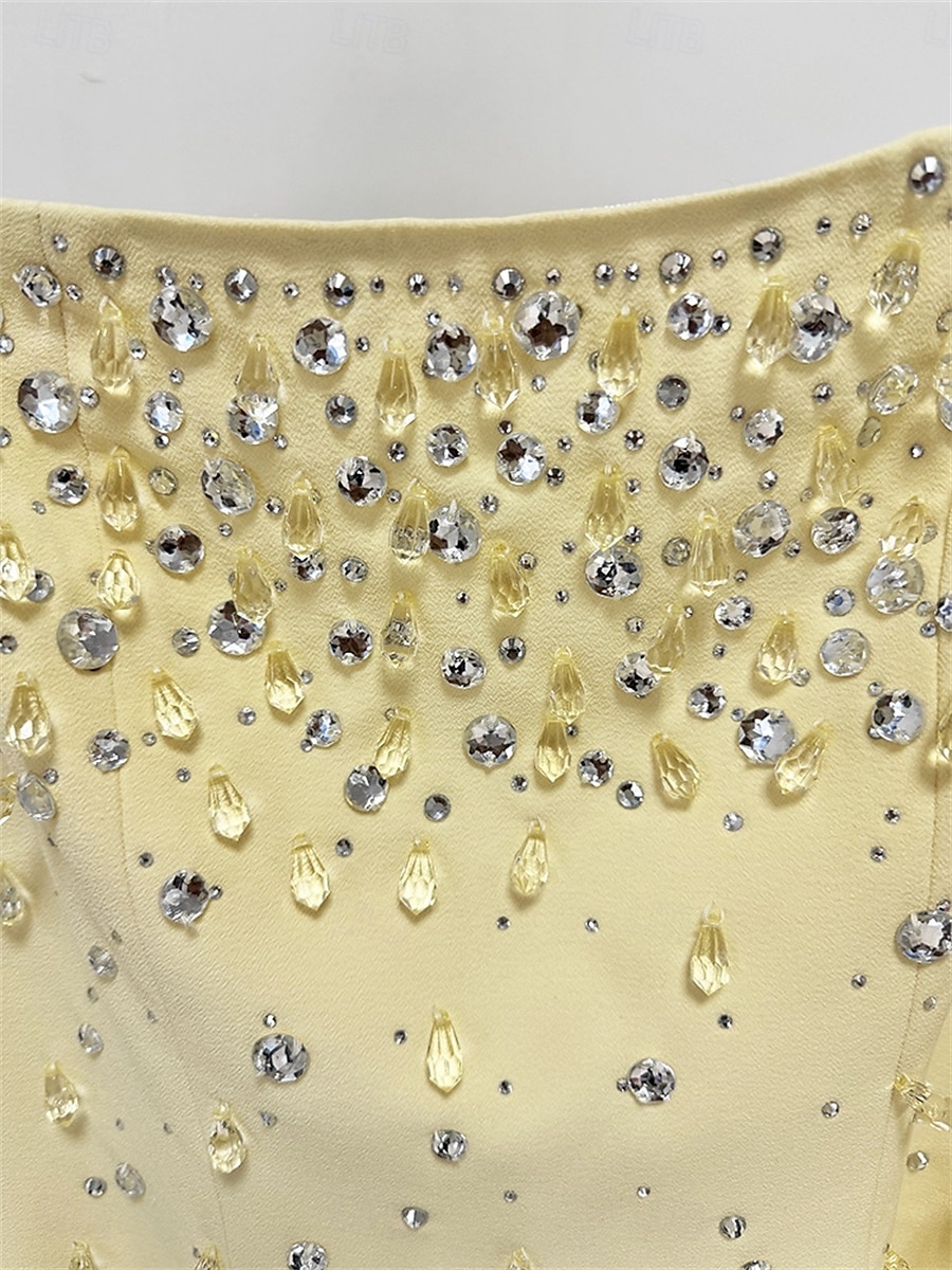 Mermaid / Trumpet High Fashion Yellow Dress Elegant Dress Formal Wedding Floor Length Semi Formal Long Sleeve Square Neck Crepe Center Back Slit with Crystal 2025 - $149.99 –P6