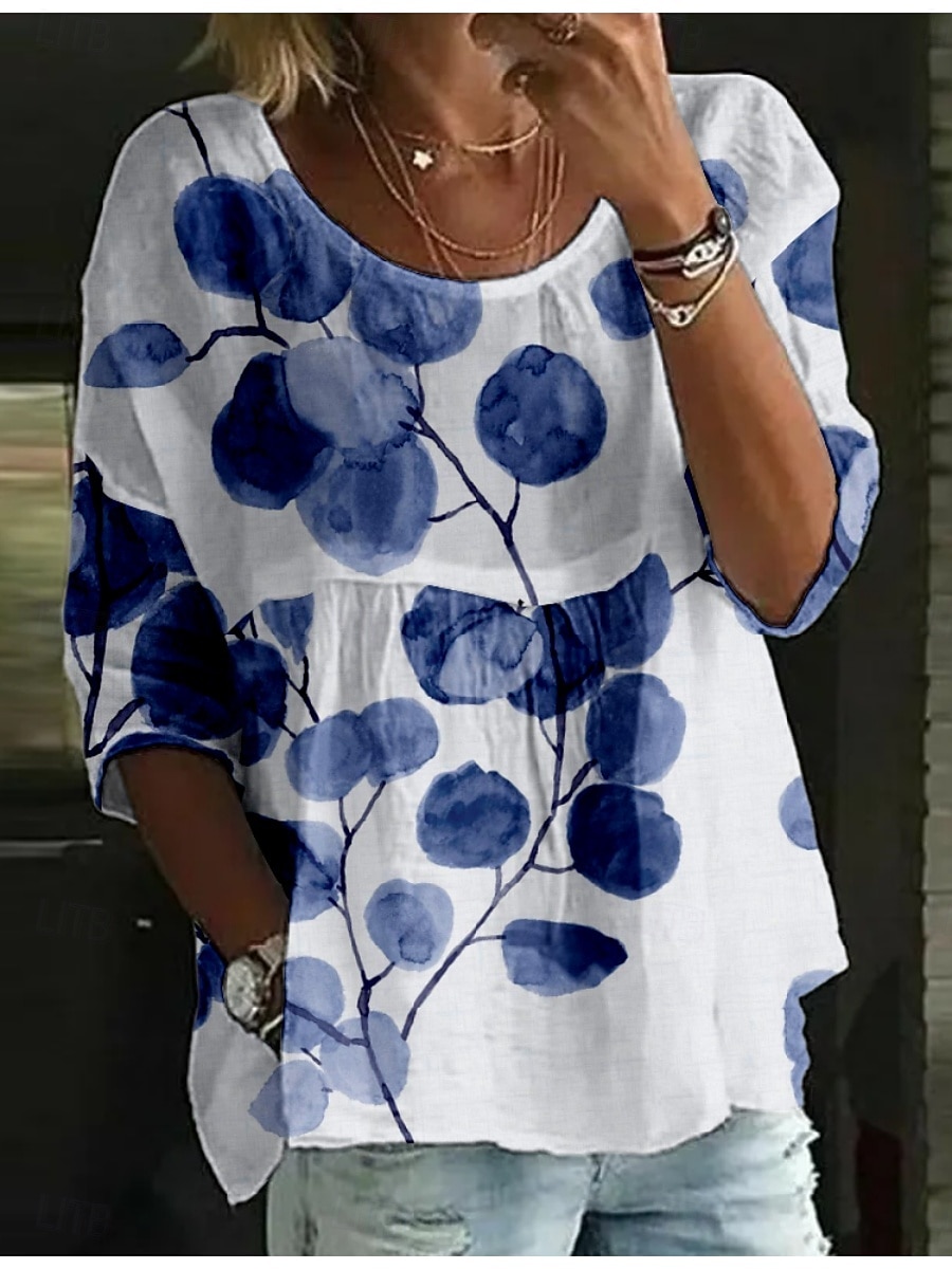 Damen Bluse Druck Blumen Stilvoll Dreiviertelarm Rundhalsausschnitt Normale Oberteile Täglich Ferien Blau Weiß Rote Königsblau Orange Sommer 2026 - $25.99 –P4