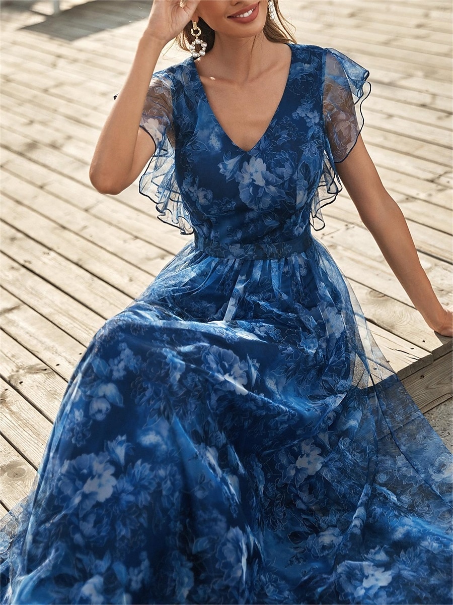 Abiti Quinceanera A-Line abito elegante formale lungo senza maniche scollatura a V in chiffon con stampa floreale del 2025 a $79.99 –P5