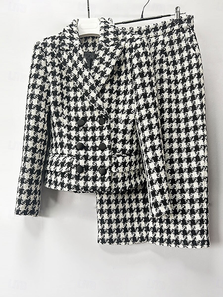 Houndstooth Klänning Set Mor till Bruden Klänning Elegant Enkel Krage Knälängd Dubbelknäppt Kavaj Lång ärm 2025 - $139.99 –P6