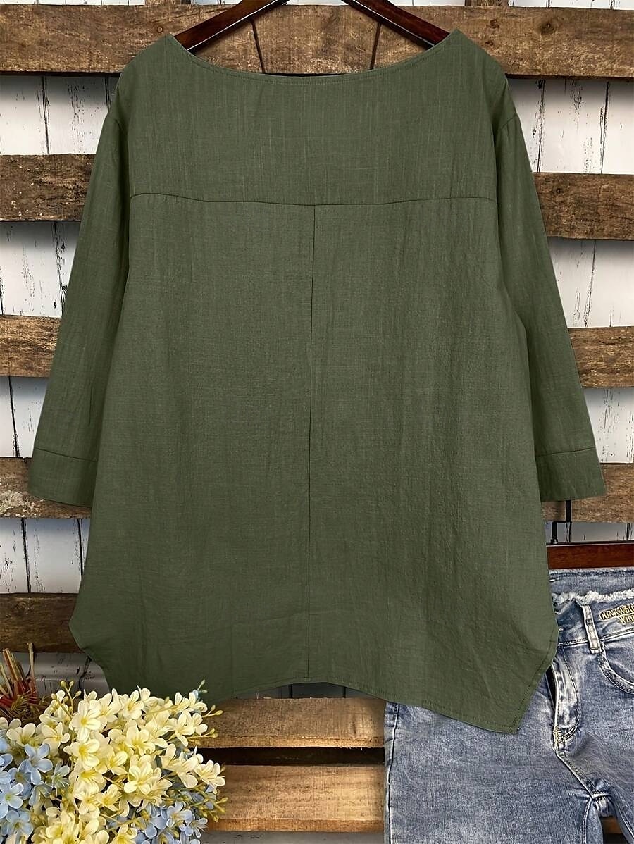 Women's Cotton Linen Blouse Solid Color Elegant Casual 3/4 Length Sleeve Crew Neck Boat Neck Regular Tops Daily Holiday Black White Navy Blue Green Summer Fall 2025 - $31.99 –P2