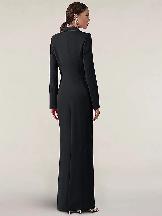 Abito Madre della Sposa Nero e Bianco Sirena  Tromba Abito Tuxedo Elegante Semplice Minimalista Seta Revers Lunghezza Intera Crepe Tessuto Elasticizzato Manica Lunga con Bottoni Metallici del 2025 a $139.99 –P3
