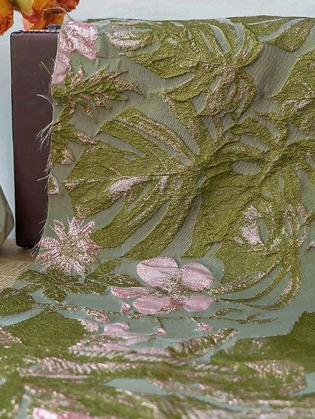 Grønn Jacquard Brocade Blomster A-linje Kveldsdrakt Elegant Kjole Formell Bryllup Gulvlengde Korte Ermer Avskjær Nylon med Lomme 2025 - $142.99 –P5