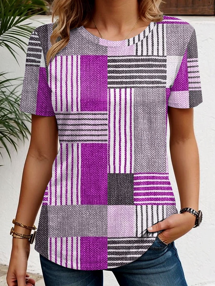 Femmes T-shirt Graphique Géométrique ancien Élégant Classique Manche Courte Col ras du cou Hauts Réguliers Quotidien Week-end Imprimé Rouge Bleu Violet Gris Été Printemps de 2025 ? $19.99 –P4