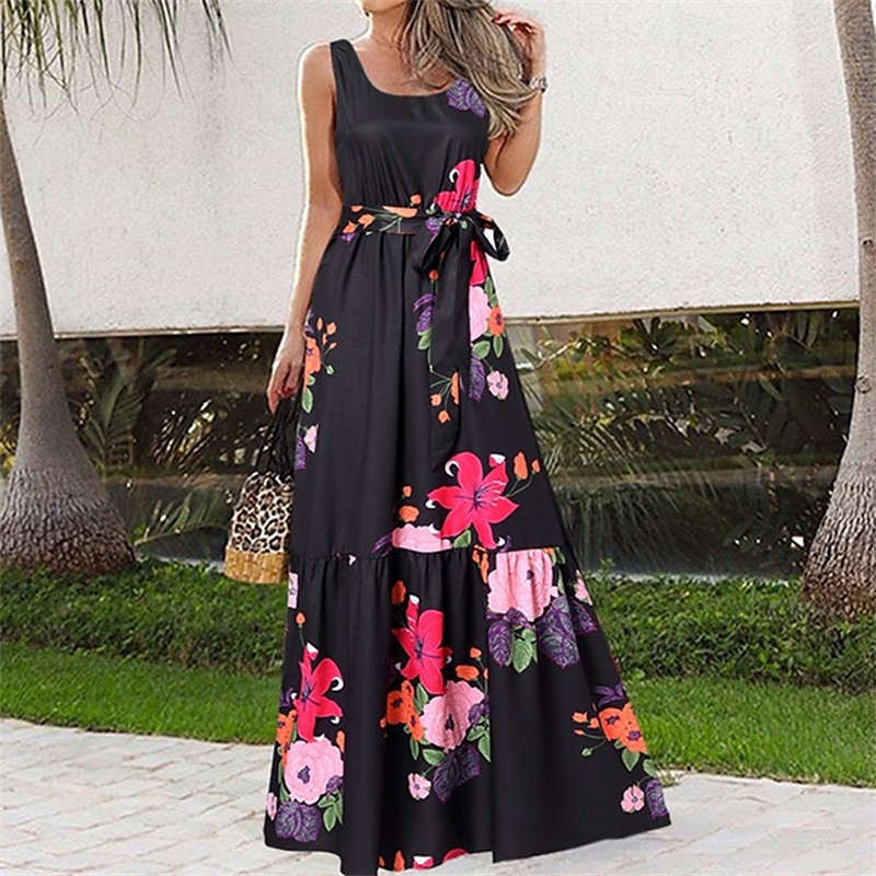 Femmes Robe Longue Maxi Robe Robe Décontractée Robe évasée Robe d'été Robe Nuisette Élégant Mode Moderne Quotidien Plage Week-end Coupe régulière Fleur Sans manches Col ras du cou Noir Blanche Rose de 2025 ? $20.99 –P4