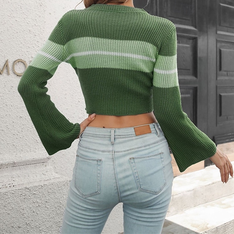 Damen Pullover Lässig Farbblock Grobstrick Rundhalsausschnitt Gestrickt Langarm Crop Tops Stricken Täglich Ferien Ausgehen Wein Armeegrün Herbst Winter 2025 - $21.99 –P13