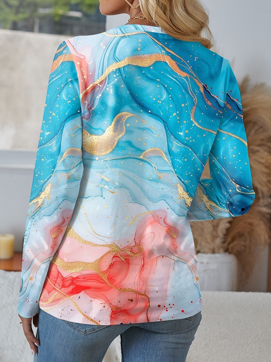 Femmes T-shirt Graphique Abstrait ancien Élégant Occasionnel manche longue Col en V Hauts Réguliers Quotidien Découpé Imprimé Bleu Violet Vert Printemps Automne de 2025 ? $23.99 –P2