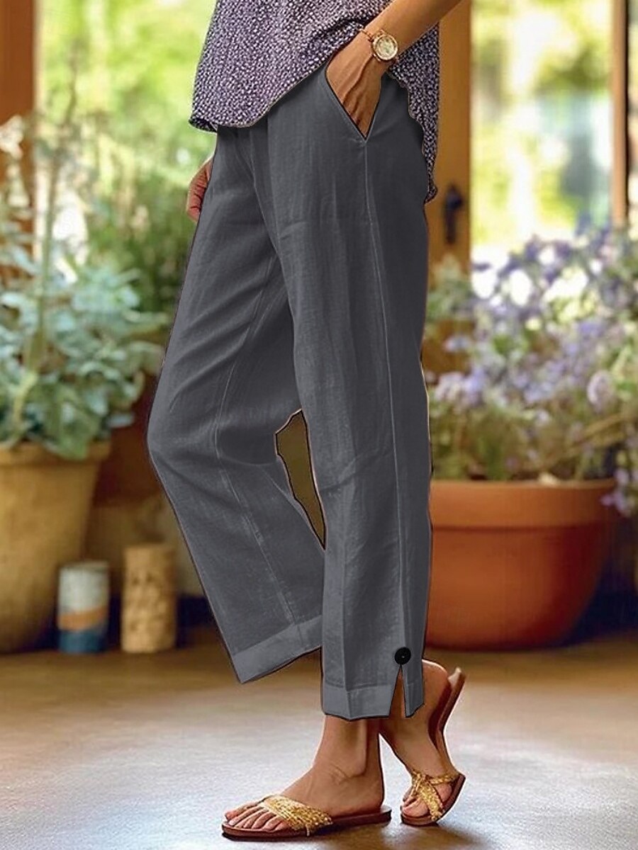 Femmes Pantalon en coton et lin Chinos ancien Mode Basique Longueur complète Taille haute Uni Avec Poches Confort Extérieur Non Elastique Vacances Rue Quotidien Vert foncé Bleu marine Blanche Rose de 2025 ? $22.99 –P5