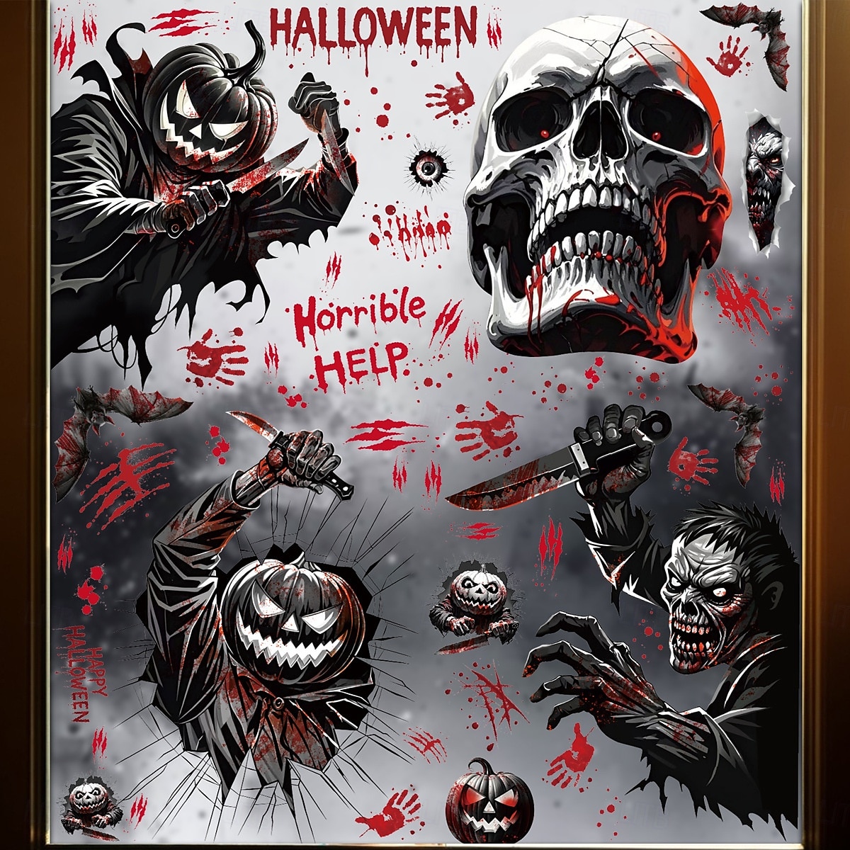 8 listů halloweenských samolepek na okna, statické skleněné samolepky s dýní, kostrou a netopýrem, dekorace do výloh obchodů a obchodních center. 2025 - $10.99 –P3