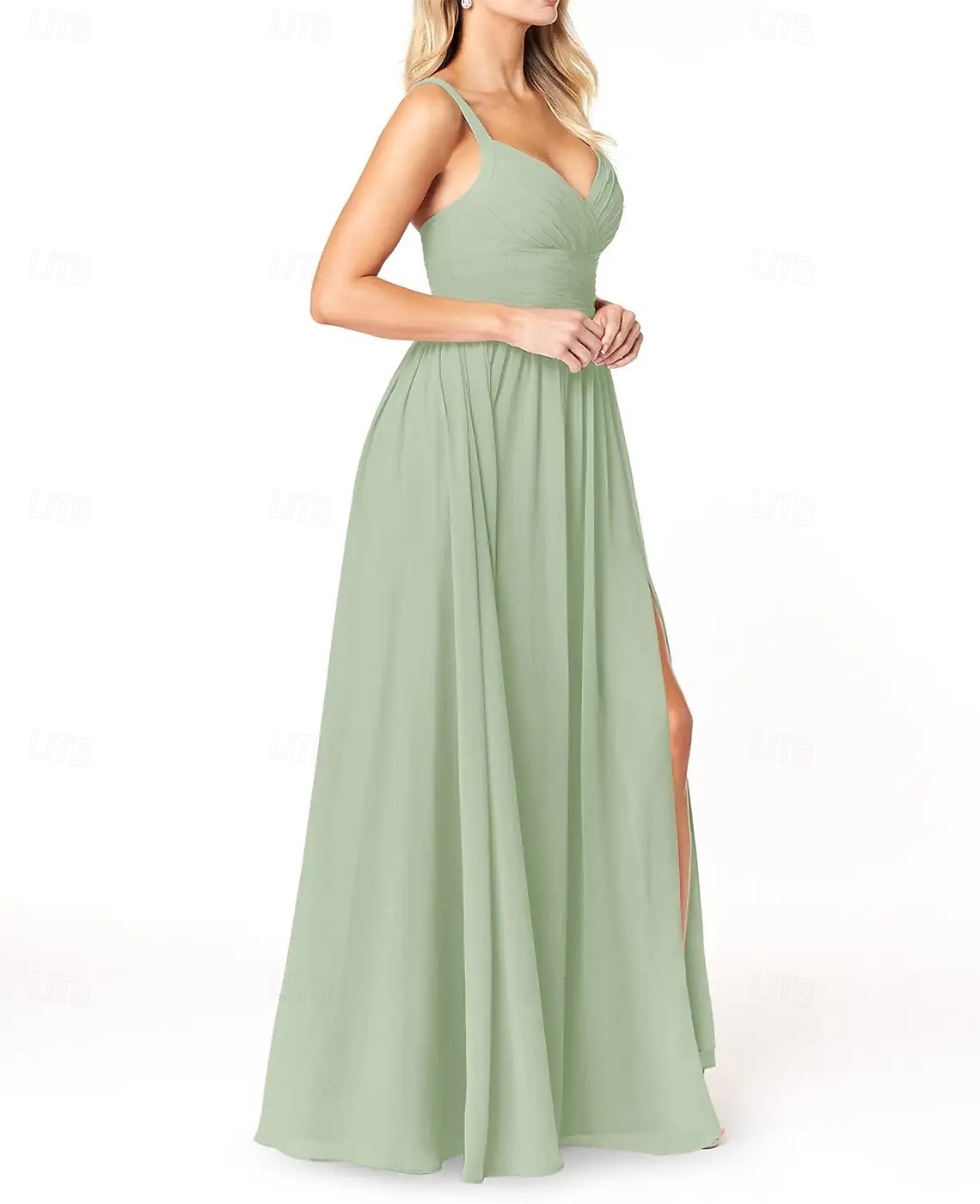 Vestido de dama de honra em corte A, decote em V, sem mangas, elegante, longo, em chiffon com pregas / frente aberta / franzido 2025 de 2025 por $152.99 –P4