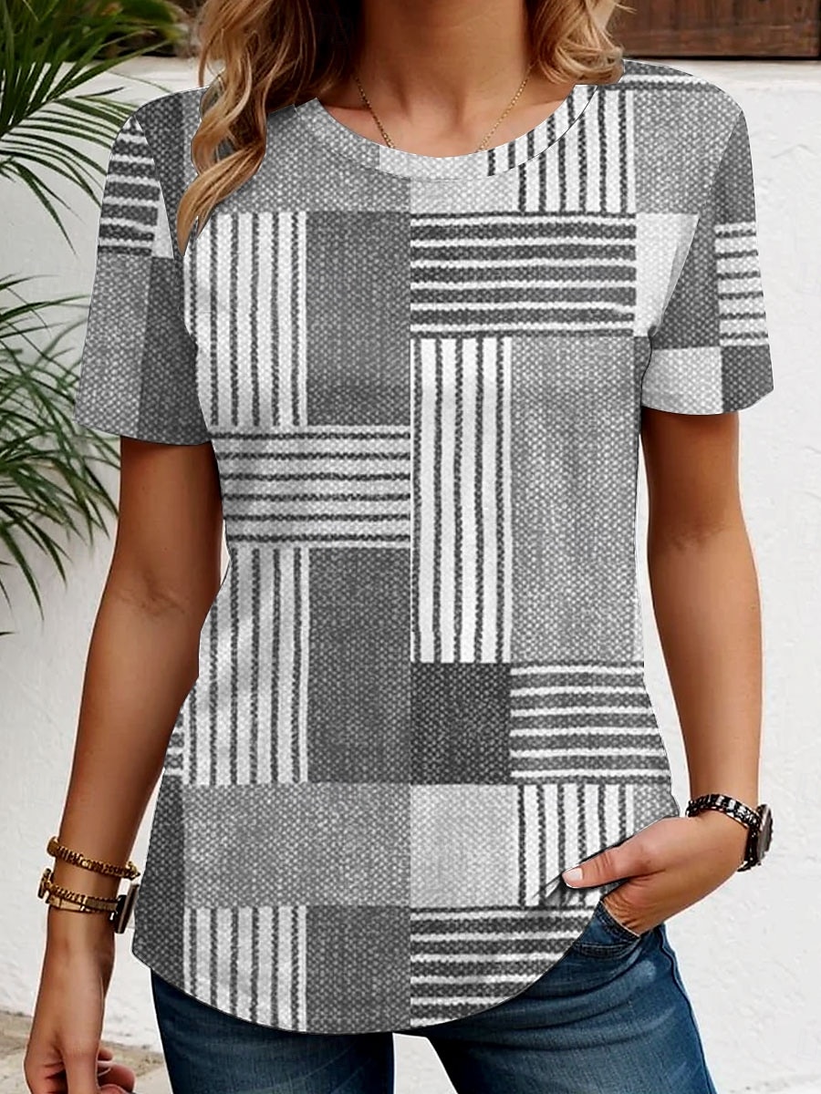 Femmes T-shirt Graphique Géométrique ancien Élégant Classique Manche Courte Col ras du cou Hauts Réguliers Quotidien Week-end Imprimé Rouge Bleu Violet Gris Été Printemps de 2025 ? $19.99 –P5