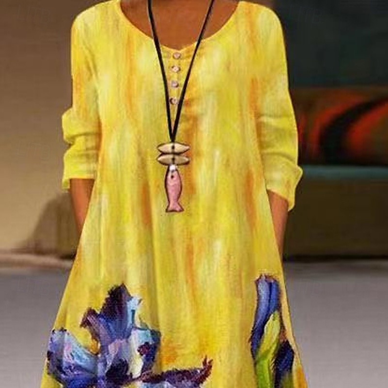 Femmes Robe Longue Maxi Robe Robe Décontractée Robe Imprimée Élégant Mode Classique Extérieur Vacances Fête Coupe régulière Fleur manche longue Col en V Blanche Jaune Été Printemps de 2025 ? $25.99 –P3