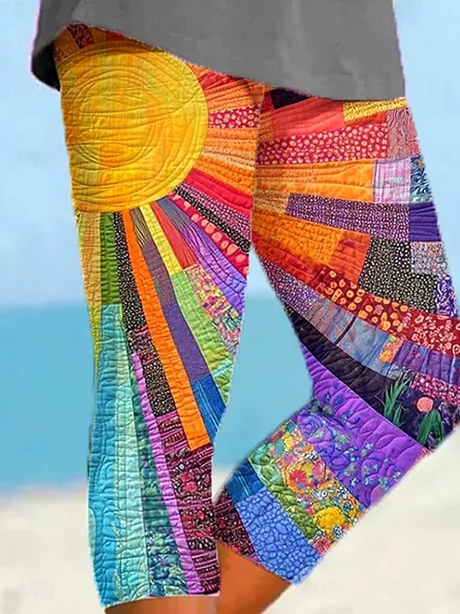 Women's Leggings Capri Pants High Elasticity Vacation Fashion Hawaiian Calf-Length Mid Waist Graphic Patchwork Printing Breathable Soft Vacation Casual Daily Rainbow Summer Spring Regular Fit 2025 - $18.99 –P2