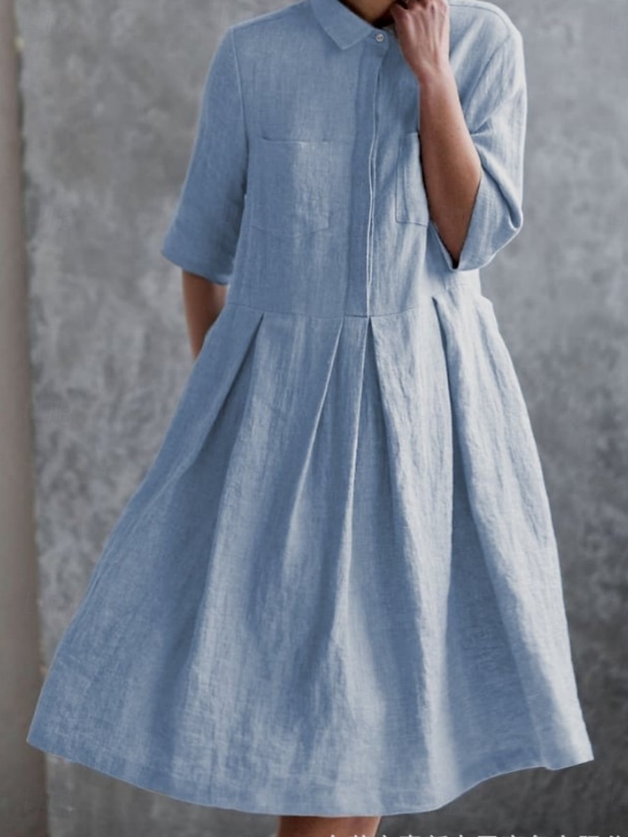 Per donna Abito Midi Abito a trapezio Abito Estivo Casual Quotidiano Vestibilità regolare Geometrico A righe Mezza Manica Bavero Rosso Blu Azzurro cielo Albicocca Estate del 2025 a $41.99 –P4