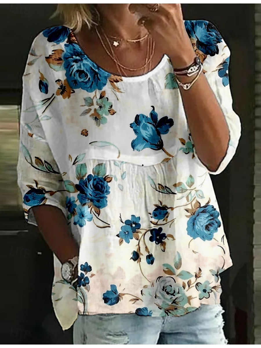 Damen Bluse Druck Blumen Stilvoll Dreiviertelarm Rundhalsausschnitt Normale Oberteile Täglich Ferien Blau Weiß Rote Königsblau Orange Sommer 2026 - $25.99 –P1
