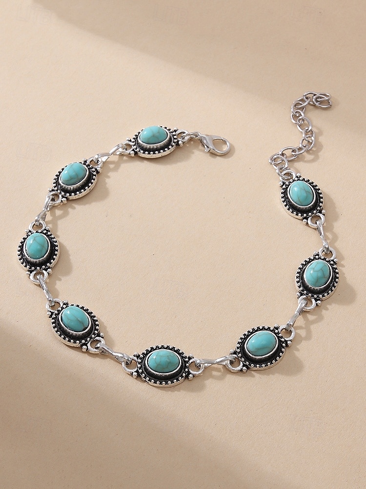 Γυναικείο vintage boho βραχιόλι ποδιού με τιρκουάζ πέτρες - ρυθμιζόμενο ασημένιο βραχιόλι με αλυσίδα και οβάλ στολίδια με πολύτιμους λίθους για καλοκαιρινή παραλία, φεστιβάλ και casual εμφάνιση 2025 - €7.18 –P3