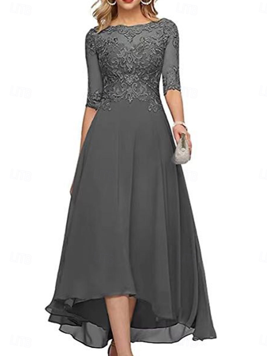 A-Line Mother of the Bride Dress Elegant Crew Neck Floor Length Chiffon Half Sleeve with Solid Color 2025 2025 - $119.99 –P20