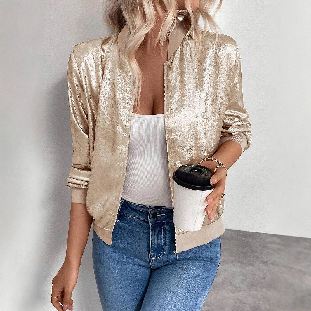 Per donna Giacca Casual Antivento Caldo Cerniera Casual Tinta unica Casuale Regolare Collo alla coreana Vestibilità regolare Manica Lunga Capispalla Champagne Autunno del 2025 a $29.99 –P4