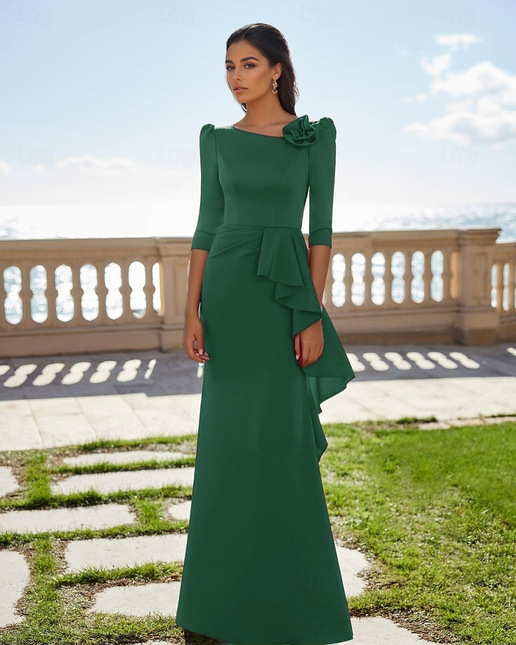 rot-grünes A-Linien-Abendkleid, elegantes Kleid für formelle Hochzeitsgäste, bodenlang, 3/4-Ärmel, U-Boot-Ausschnitt, Tasche, Stretch-Satin mit Rüschen, 2025 2025 - $139.99 –P5