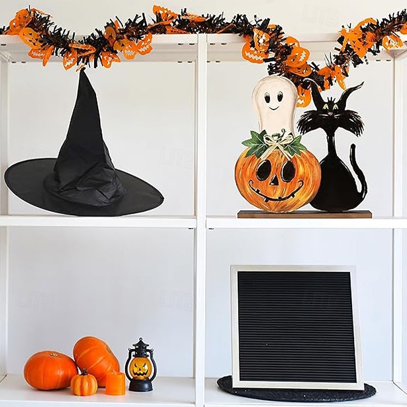 Halloween houten tafeldecoraties, rustieke pompoen- en spookachtige decoraties op dienbladen, Halloween houten borden voor binnen voor op tafel in de woonkamer op een boerderij 2025 - $15.49 –P4