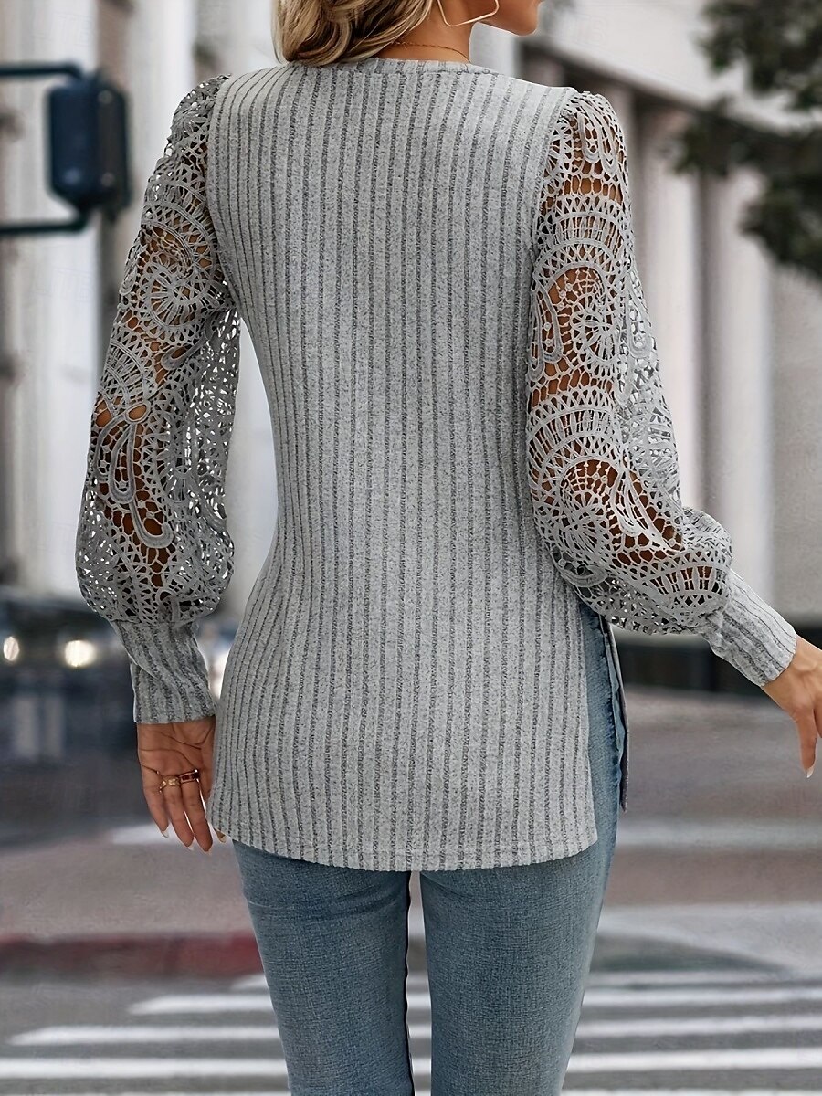 Women's Lace Splicing Top Solid Color Stylish Casual Long Sleeve V Neck Regular Tops Daily Lace Patchwork Gray Summer Spring 2025 - $23.99 –P2