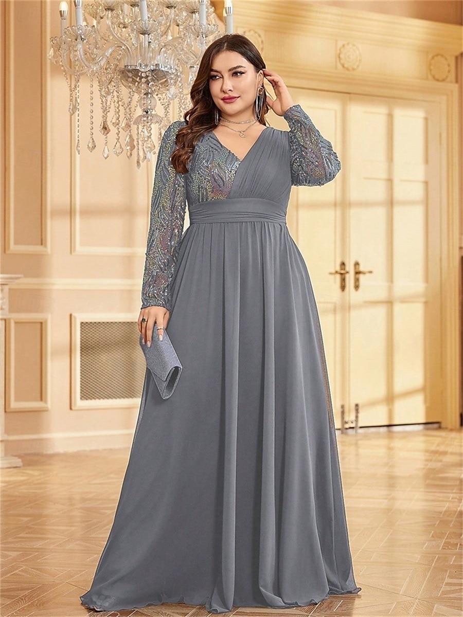 A-Line Plus Size Dresses Elegant Curve Dress Formal Wedding Floor Length Long Sleeve V Neck Chiffon with Sequin 2025 - $119.99 –P12