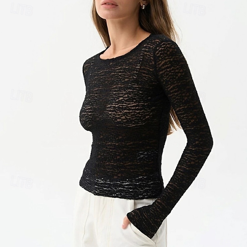 Dame Bluse Helfarge Moderne Fritid Langermet Crew-hals Vanlige topper Daglig Ut på byen Svart Kakifarget Lyseblå Sommer 2025 - $18.49 –P7