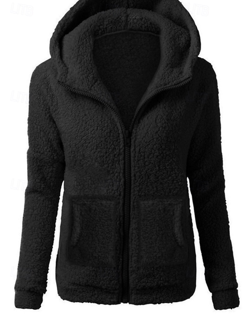 Women's Fleece Jacket Hoodie Jacket Warm Comfortable Zipper Pocket Elegant Fashion Outdoor Solid Color Going out Casual Daily Weekend Zipper Regular Hooded Regular Fit Long Sleeve Outerwear Black 2025 - $21.99 –P1