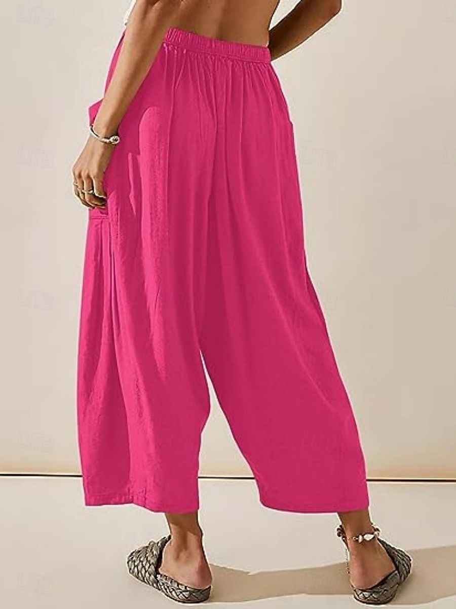 Mulheres Calças de linho de algodão chinês Moda Básico Casual Comprimento total Cintura Alta Tecido Bolsos Com Cordão Conforto Exterior Micro-Elástica Férias Rua Diário Branco Amarelo fúcsia cáqui de 2025 por $25.99 –P2