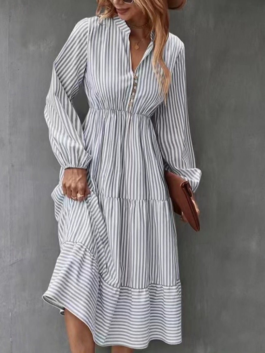 Pentru femei Rochii Midi Rochie A line Casual Zilnic Potrivire Largă Dungi Manșon Lung În V Negru Albastru piscină Trifoi Primăvară Toamnă 2025 - $39.99 –P3