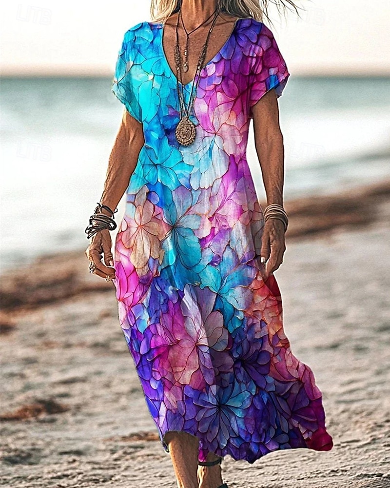 Femmes Robe Longue Maxi Robe Robe Décontractée Robe d'été Mode Extérieur Soirée Fête Coupe régulière Fleur Manche Courte Col en V Jaune Bleu Violet Marron Été de 2025 ? $24.99 –P4