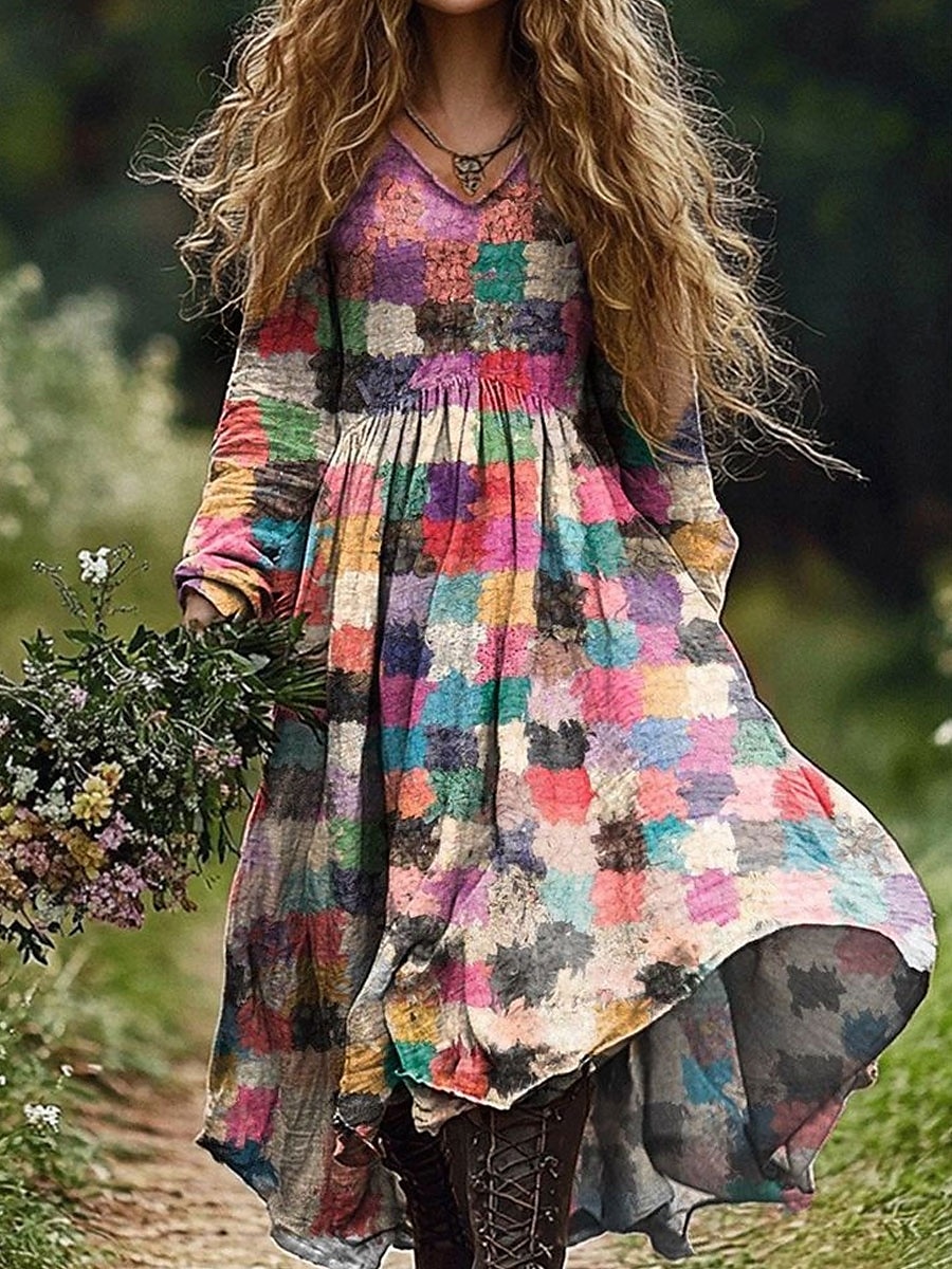 Per donna Abito maxi Abito a trapezio Vacanza Casual Boho Uscire Spiaggia Vestibilità comoda Floreale Grafico Geometrico Manica Lunga Scollo a V Rosa Blu Arancione Verde Primavera Autunno del 2025 a $35.99 –P1