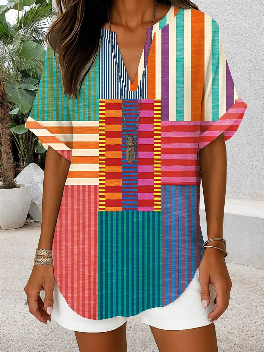 Dam Boho skjorta Grafisk Geometrisk Elegant bohemliv Tropisk Ärmlös Kortärmad V-hals Vanliga toppar Dagligen Helgdag Standkläder Gul Rubinrött Blå Orange Brun Sommar Vår 2025 - $23.99 –P1