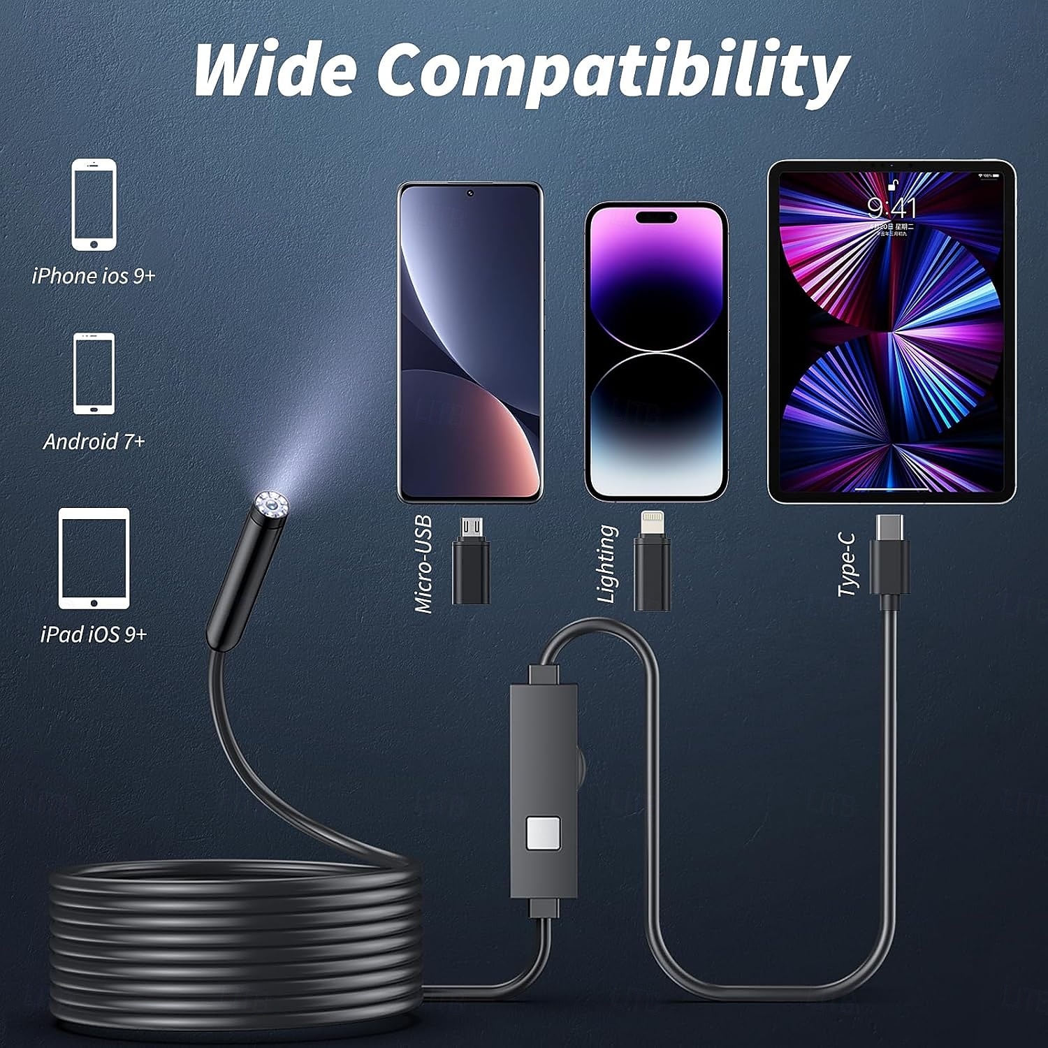 Telecamera endoscopica con luce, strumenti per endoscopio HD 1080p con luci LED regolabili, endoscopio con telecamera a serpente semirigida, endoscopio di ispezione per iOS e Android, lente singola da del 2025 a $19.99 –P2