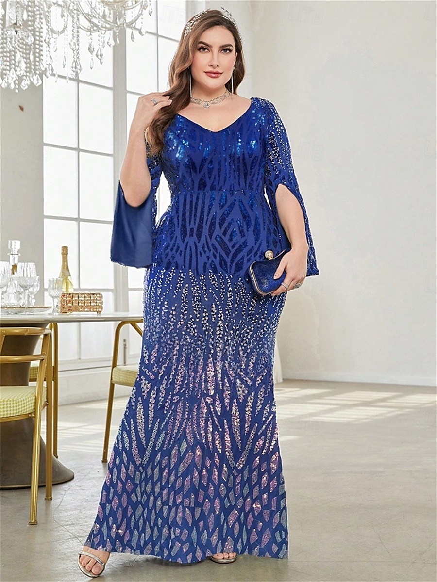 Mermaid / Trumpet Plus Size Dresses Elegant Curve Dress Formal Wedding Floor Length Long Sleeve V Neck Polyester with Sequin 2025 - $119.99 –P12