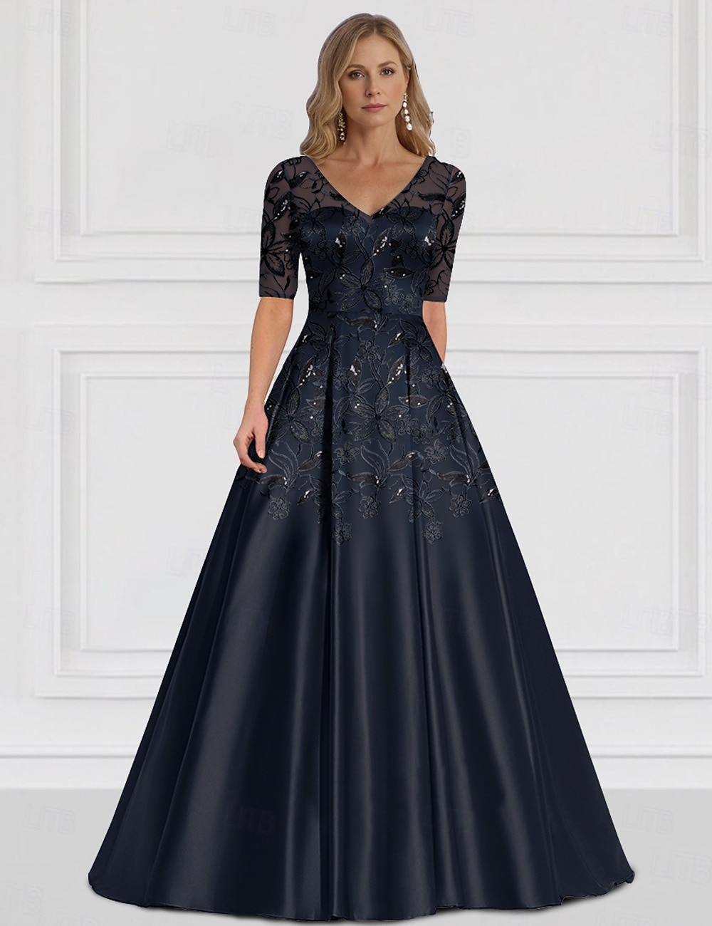 Rochie A-Line pentru Mama Miresei Invitată la Nuntă Elegantă Simplă Cu Decolteu În V Lungime Până La Podea Satine Mâneci Pe Jumătate cu Dantelă 2025 - $142.99 –P4