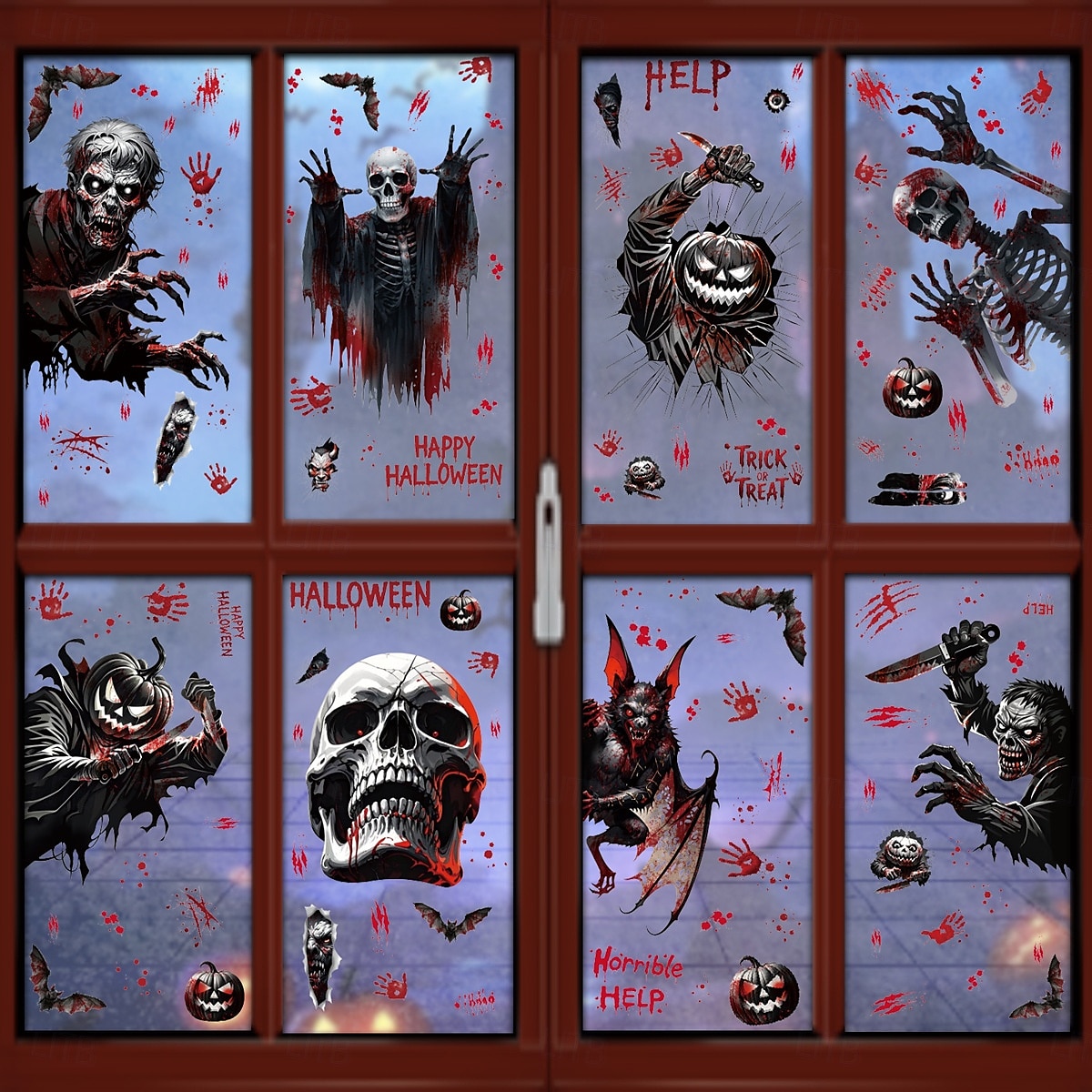 8 listů halloweenských samolepek na okna, statické skleněné samolepky s dýní, kostrou a netopýrem, dekorace do výloh obchodů a obchodních center. 2025 - $10.99 –P1