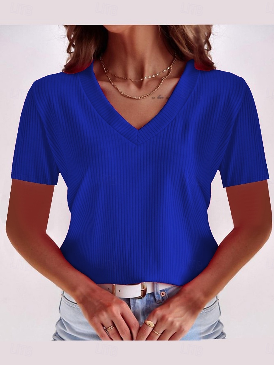 Femmes T-shirt Couleur Unie Mode Élégant Classique Manche Courte Col en V Hauts Réguliers Quotidien Week-end Noir Vin Rouge Bleu Fuchsia Été de 2025 ? $18.99 –P5
