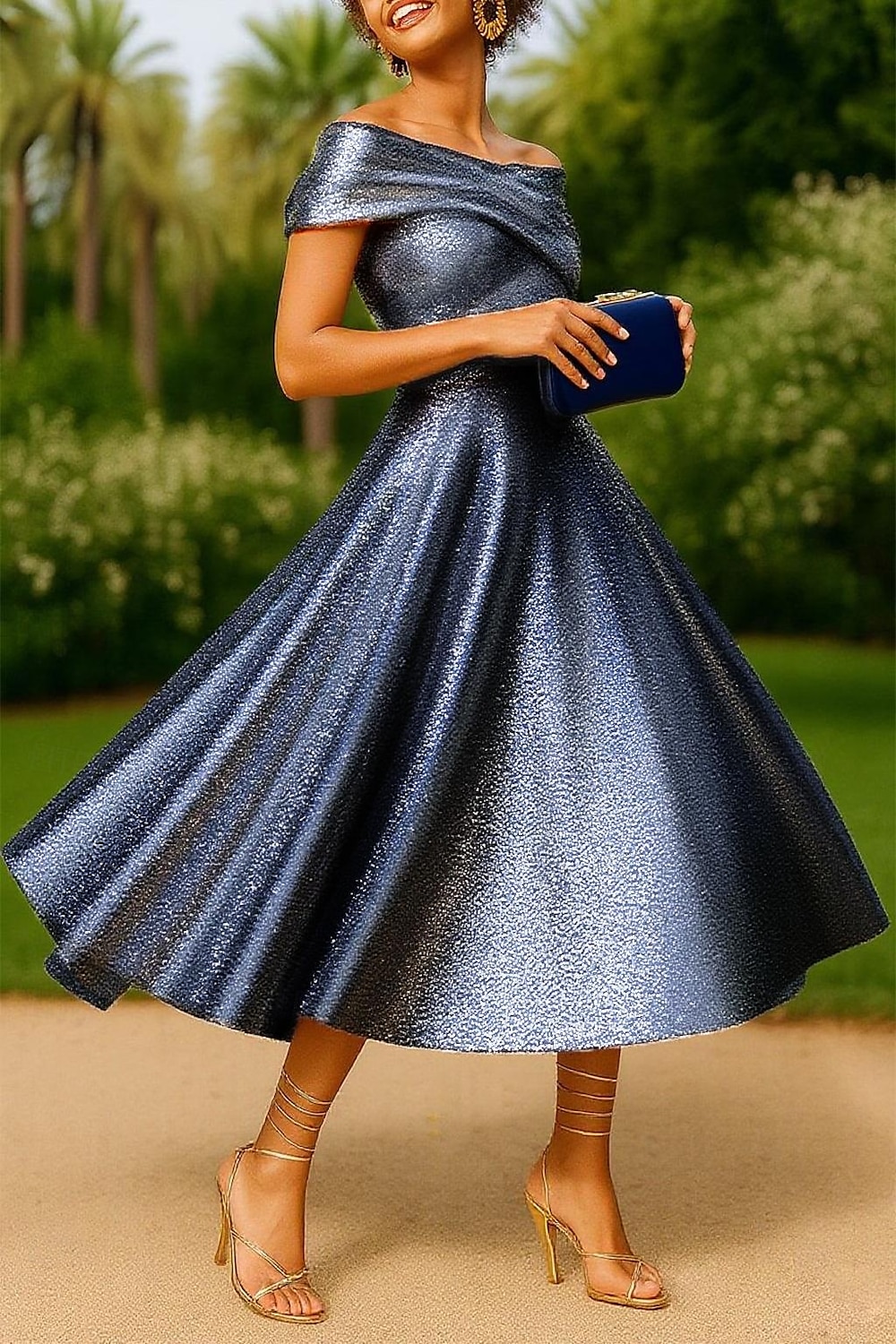 Abiti Cocktail A-Line Jacquard Oro Scintillante Abito Elegante Matrimonio Formale Lunghezza Tè Lunghezza Midi Senza Maniche Spalle Scoperte con Pieghe del 2025 a $159.99 –P4