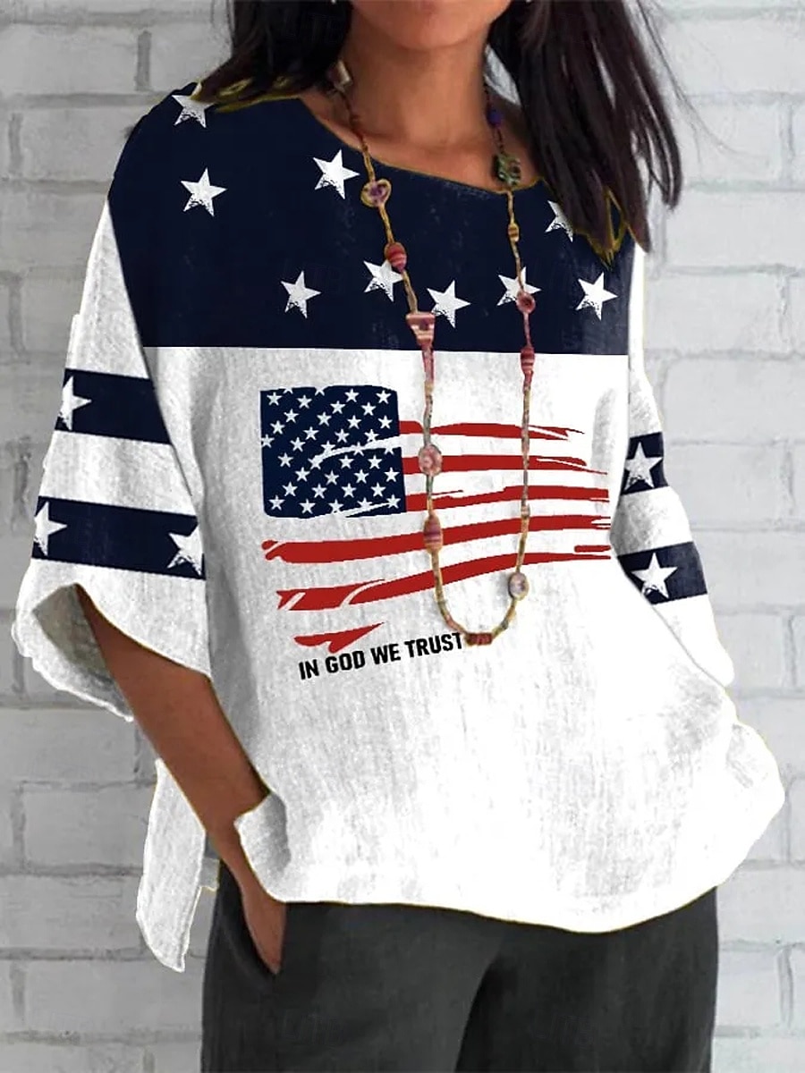 Uavhengighetsdagen Patriotiske Kvinne Bluse Lin Lignende Grafisk Flagg Bohemia Vintage Tropisk 3/4 Lengde Ermer Rund Hals Vanlige Topper Daglig Ferie Ferie Slitasje Trykk Rød Blå Grå Sommer Vår 2026 - $32.99 –P1