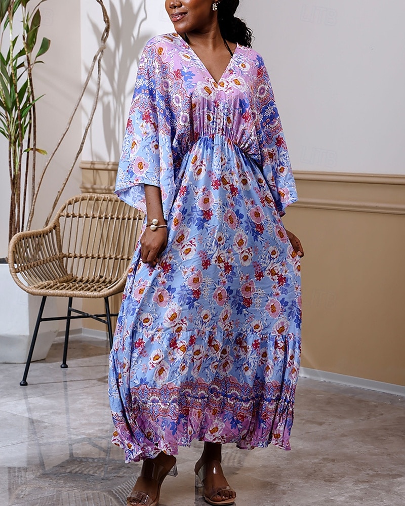 Damen Langes Kleid Maxikleid Freizeitkleid Schwingkleid Boho-Kleid Westernkleid Elegant Mode Romantisch Outdoor Urlaub Party Normale Passform Blume Langarm V Ausschnitt Blau Frühling Herbst 2025 - $26.99 –P7