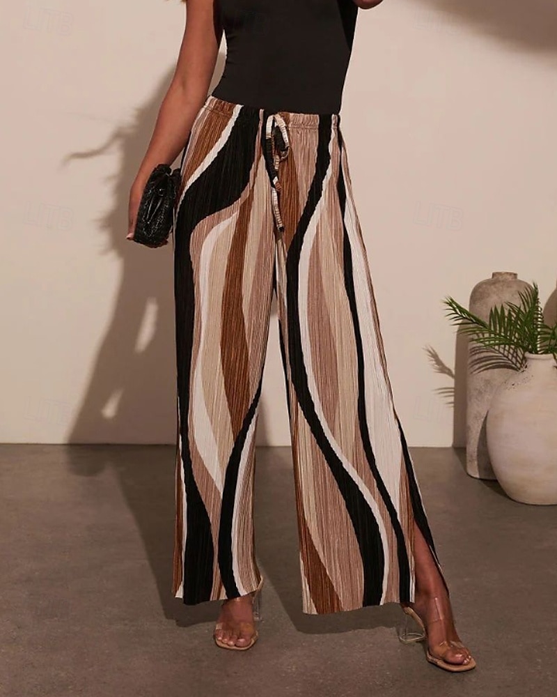 Damen Weites Bein Stoffhosen Streetwear Lässig Volle Länge Natürliche Taille Geometrie Elastisches Kordelzugdesign Bequem Außenbereich Urlaub Ausgehen Braun Herbst Normale Passform 2025 - $18.99 –P1