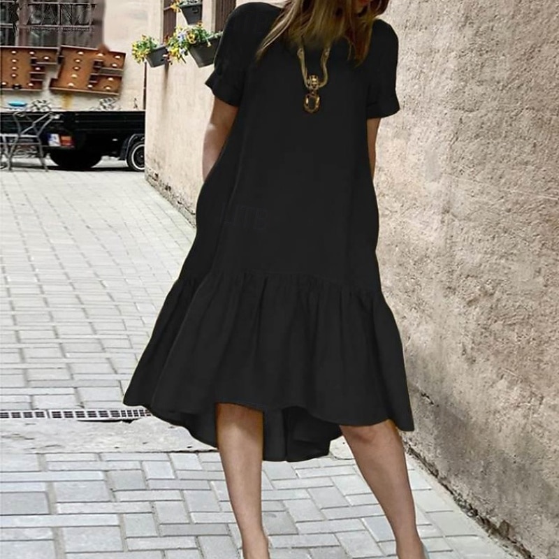 Női Midi ruha hétköznapi ruha Peplum ruhák Klasszikus Modern Szabadtéri Vakáció Napi Normál Sima Rövid ujjú Terített nyak Fekete Sárga Bor Nyár 2025 - $21.99 –P4