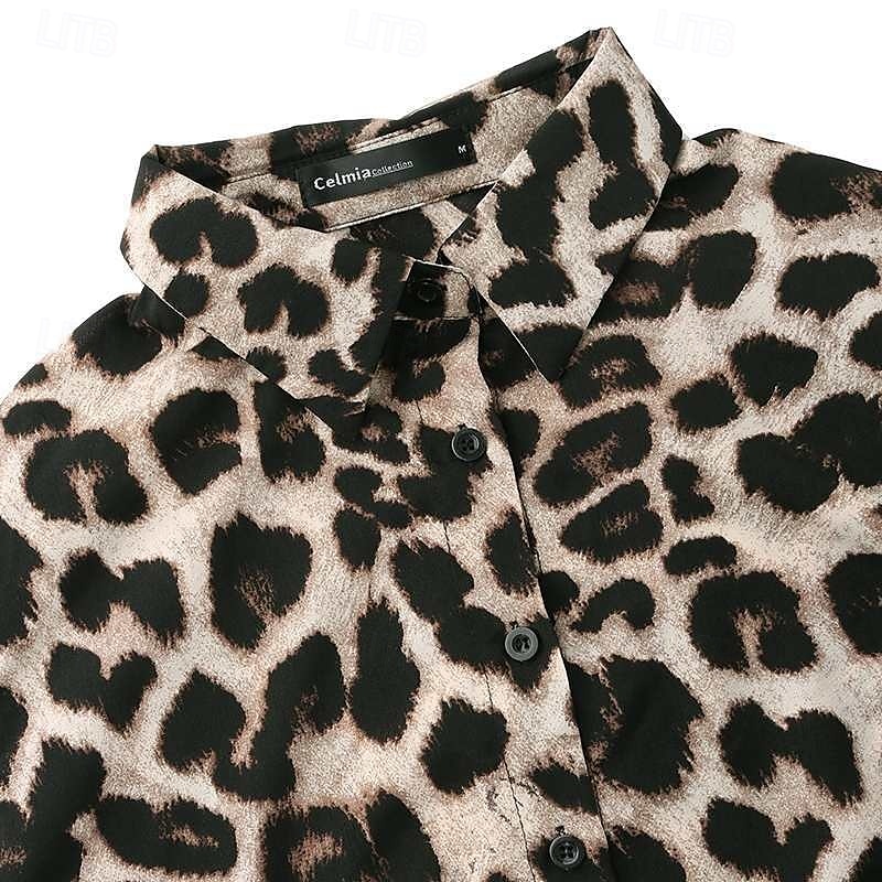 Per donna Camicia Leopardo Elegante Casual Manica Lunga Colletto a Camicia Top Regolari Quotidiano Bottoni Stampato Marrone Grigio Primavera Autunno del 2025 a $22.99 –P8