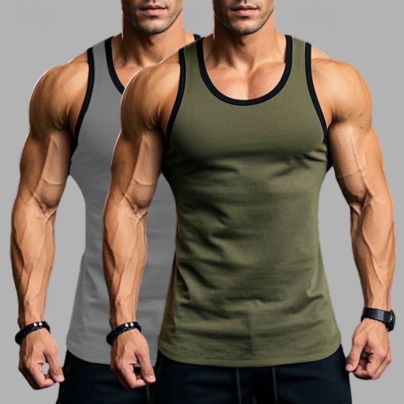 2 Stück Herren Tanktop Weste Unterhemd Ärmellos Shirt Ärmellos Rundhals Sommer Einfarbig Einfarbig Athletisch Farbblock 2er Pack Street Casual Sport Blau Blau Armee Grün Grau Top Tee 2025 - $17.99 –P6